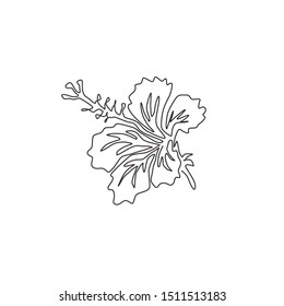 One continuous line drawing of beauty fresh hibiscus for park garden logo. Printable poster rose mallow flower concept for home wall decor. Modern single line draw design vector graphic illustration