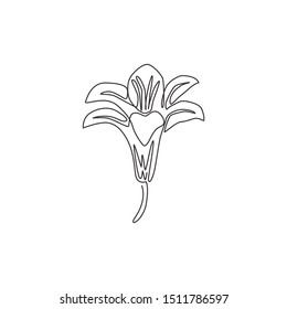 One continuous line drawing of beauty fresh perennials lilium home wall decor art. Printable poster decorative true lilies flower concept. Modern single line draw design vector graphic illustration