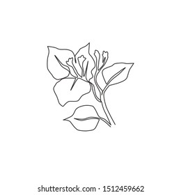 One continuous line drawing of beauty fresh bougainville for home wall decor art poster. Printable decorative thorn bush flower for wedding invitation card. Single line draw design vector illustration