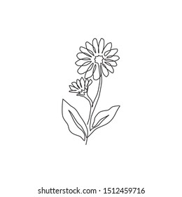 One continuous line drawing of beauty fresh calendula for home decor wall art poster print. Printable decorative marigold flower concept. Modern single line draw design graphic vector illustration