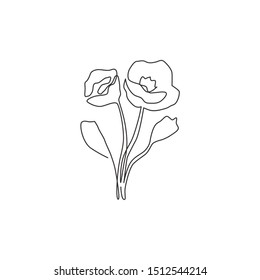 One continuous line drawing beauty fresh herbaceous plant for home decor wall poster. Printable decorative poppy flower for greeting card ornament. Modern single line draw design vector illustration