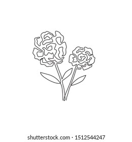 One continuous line drawing of beauty fresh carnation for home decor poster wall art. Printable decorative perennials dianthus flower for park icon. Modern single line draw design vector illustration