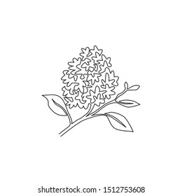 One continuous line drawing beauty fresh syringa vulgaris for home decor wall art poster print. Printable decorative lilac flower for card ornament. Modern single line draw design vector illustration