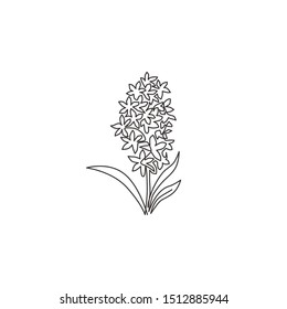 One continuous line drawing of beauty fresh hyacinthus for home wall decor poster art print. Decorative hyacinth flower concept for greeting card ornament. Single line draw design vector illustration