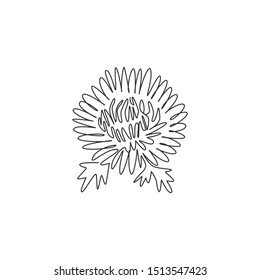 One continuous line drawing of beauty fresh chrysanthemum for garden logo. Printable decorative chrysanth flower concept for wedding invitation card. Modern single line draw design vector illustration