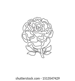 One continuous line drawing of beauty fresh herbaceous plant for garden logo. Printable decorative peony flower concept for fashion fabric textile. Trendy single line draw design vector illustration