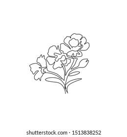 One continuous line drawing beauty fresh dianthus for home wall art decor poster print. Decorative sweet william flower concept for invitation card. Modern single line draw design vector illustration