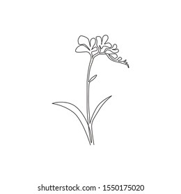 One continuous line drawing of beauty fresh freesia for home wall decor art poster frame. Decorative herbaceous flower concept for wedding invitation card. Single line draw design vector illustration