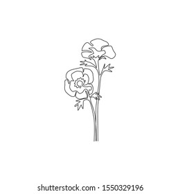 One continuous line drawing of beauty fresh anemone flower for home art wall decor poster print. Decorative perennial windflower for invitation card. Trendy single line draw design vector illustration