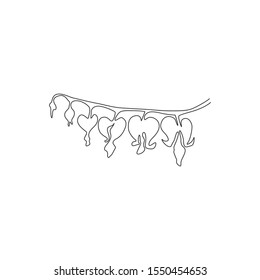 One continuous line drawing of beauty fresh dicentra spectabilis for garden logo. Decorative lyre heart flower concept for wedding invitation card. Trendy single line draw design vector illustration