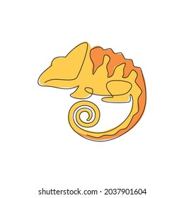 One continuous line drawing of beauty chameleon with spiral tail mascot concept for reptilian pet lover society. Exotic reptile animal for company logo identity. Single line draw design illustration