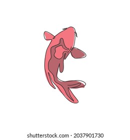 Un dibujo continuo de la belleza lindo pez koi para la identidad del logo de la granja de acuarios. Típico carpa japonesa concepto de icono de pescado hermoso. Ilustración gráfica vectorial de diseño de trazos de línea única moderna