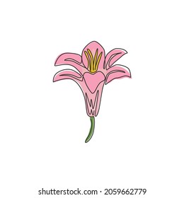 One continuous line drawing of beauty fresh perennials lilium home wall decor art. Printable poster decorative true lilies flower concept. Modern single line draw design vector graphic illustration