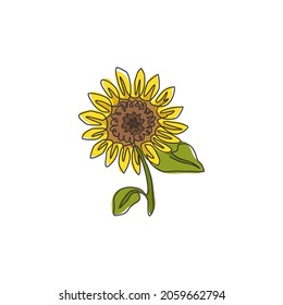One continuous line drawing of beauty fresh sunflower for park logo. Printable poster decorative helianthus spring flower concept home wall decor. Modern single line draw design vector illustration