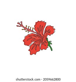 One continuous line drawing of beauty fresh hibiscus for park garden logo. Printable poster rose mallow flower concept for home wall decor. Modern single line draw design vector graphic illustration