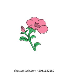 One continuous line drawing of beauty fresh petunioideae for home wall decor poster. Printable decorative petunia flower for greeting card ornament. Modern single line draw design vector illustration