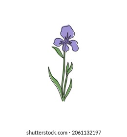 One continuous line drawing beauty fresh perennial plants for wall decor home art poster print. Decorative iris flower concept for invitation card. Modern single line draw design vector illustration