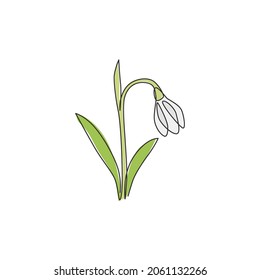 Una línea continua de la belleza galanthus fresco para la decoración de la pared del hogar estampado de afiches de arte. Imprimible concepto decorativo de flor de nevada para tarjeta de boda. Ilustración vectorial de diseño de líneas simples