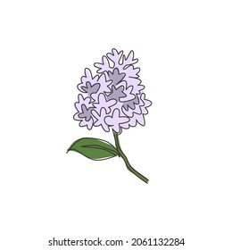 One continuous line drawing beauty fresh syringa vulgaris for garden logo. Printable decorative lilac flower concept for home decor wall art poster print. Single line draw design vector illustration