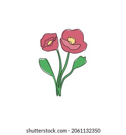 One continuous line drawing beauty fresh herbaceous plant for home decor wall poster. Printable decorative poppy flower for greeting card ornament. Modern single line draw design vector illustration