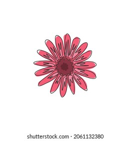 One continuous line drawing of beauty fresh astereae, top view for home decor wall art poster. Decorative aster flower for fashion fabric textile. Modern single line draw design vector illustration