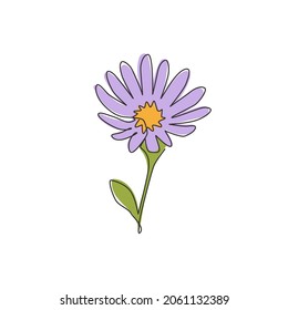 One continuous line drawing beauty fresh perennial flowering plant for home decor wall art poster. Printable decorative aster flower for park icon. Modern single line draw design vector illustration