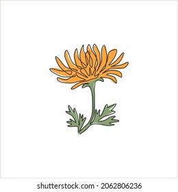 Una línea continua dibujando belleza crisantemo fresco para el logo del jardín. Imprimible concepto de flor de mamá decorativa para la decoración de casa estampado de afiches de arte en la pared. Ilustración vectorial de diseño de trazos de línea única moderna