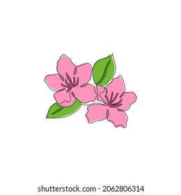One continuous line drawing of beauty fresh azalea for home decor wall art poster print. Decorative rhododendron flower concept for wedding invitation card. Single line draw design vector illustration