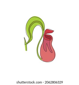 One continuous line drawing of beauty fresh nepenthes for home wall art decor poster print. Decorative tropical pitcher plant concept for invitation card. Single line draw design vector illustration