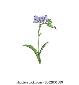 One continuous line drawing of beauty fresh freesia for home wall decor art poster frame. Decorative herbaceous flower concept for wedding invitation card. Single line draw design vector illustration