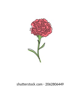 One continuous line drawing beauty fresh carnation for home wall art decor print poster. Decorative dianthus caryophyllus flower for invitation card. Trendy single line draw design vector illustration