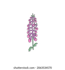 One continuous line drawing of beauty fresh digitalis purpurea for home art wall decor poster print. Decorative foxglove flower concept for greeting card. Single line draw design vector illustration