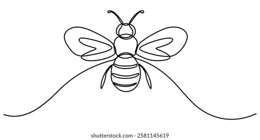 One Continuous Line Drawing of Bee Icon. Single Line Vector Illustration, Bee with love heart, Environmental Conservation - Editable Stroke, pro vector minimal concept on white background.  flying bee