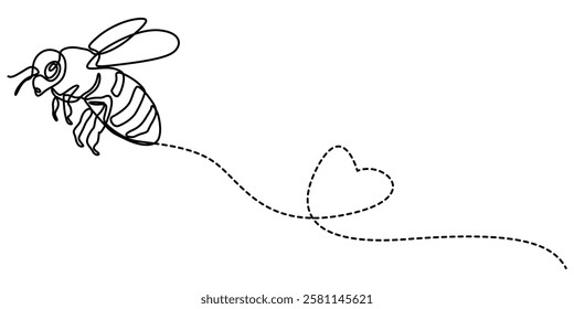 One Continuous Line Drawing of Bee Icon. Single Line Vector Illustration, Bee with love heart, Environmental Conservation - Editable Stroke, pro vector minimal concept on white background.  flying bee