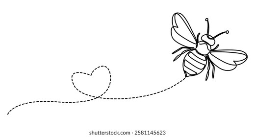 One Continuous Line Drawing of Bee Icon. Single Line Vector Illustration, Bee with love heart, Environmental Conservation - Editable Stroke, pro vector minimal concept on white background.  flying bee