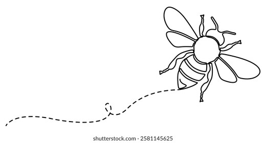 One Continuous Line Drawing of Bee Icon. Single Line Vector Illustration, Bee with love heart, Environmental Conservation - Editable Stroke, pro vector minimal concept on white background.  flying bee