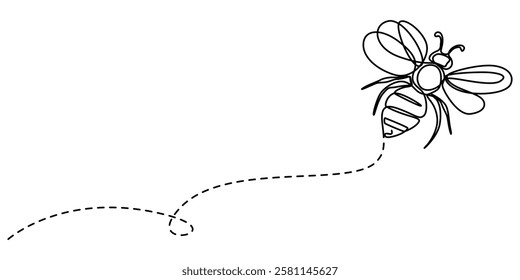 One Continuous Line Drawing of Bee Icon. Single Line Vector Illustration, Bee with love heart, Environmental Conservation - Editable Stroke, pro vector minimal concept on white background.  flying bee