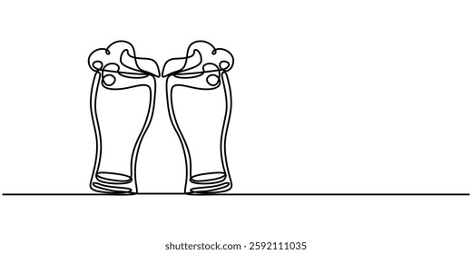 One Continuous Line Drawing of Beer Icon. Single Line Vector Illustration, Two glasses of beer one line continuous. Line art glasses of beer. Hand drawn vector art, minimalist style concept.
