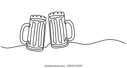 One Continuous Line Drawing of Beer Icon. Single Line Vector Illustration, Two glasses of beer one line continuous. Line art glasses of beer. Hand drawn vector art, minimalist style concept.