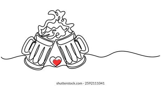 One Continuous Line Drawing of Beer Icon. Single Line Vector Illustration, Two glasses of beer one line continuous. Line art glasses of beer. Hand drawn vector art, minimalist style concept.