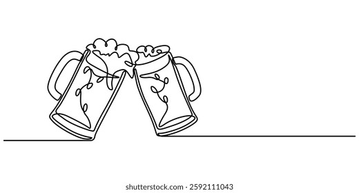 One Continuous Line Drawing of Beer Icon. Single Line Vector Illustration, Two glasses of beer one line continuous. Line art glasses of beer. Hand drawn vector art, minimalist style concept.