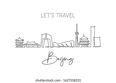 One continuous line drawing of Beijing city skyline, China. Beautiful landmark. World landscape tourism travel vacation poster art. Editable stylish stroke single line draw design vector illustration