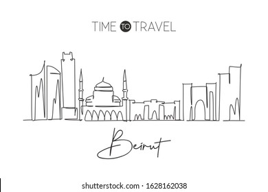 One continuous line drawing of Beirut city skyline, Lebanon. Beautiful city landmark. World landscape tourism and travel vacation. Editable stylish stroke single line draw design vector illustration