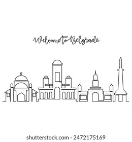One continuous line drawing of Belgrade skyline vector illustration. Modern city in Europe in simple linear style vector design concept. One of big city in Serbia. Iconic architectural building design