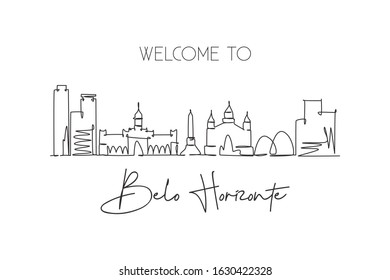 One continuous line drawing of Belo Horizonte city skyline, Brazil. Beautiful landmark. World landscape tourism and travel vacation. Editable stylish stroke single line draw design vector illustration