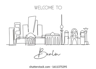 One continuous line drawing Berlin city skyline. Beautiful city skyscraper landscape. World home decor wall art poster art tourism travel vacation concept. Single line draw design vector illustration