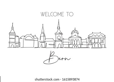 One continuous line drawing of Bern city skyline, Switzerland. Beautiful city skyscraper postcard. World landscape tourism travel wall decor poster. Stylish single line draw design vector illustration