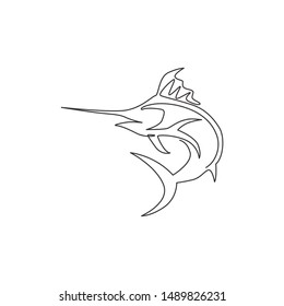 One continuous line drawing of big wild marlin for marine company logo identity. Jumping fish mascot concept for fishing competition icon. Single line draw design vector graphic illustration