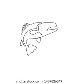 One continuous line drawing of big salmon for fishing logo identity. Fish mascot concept for fast food can icon. Single line draw design vector illustration graphic