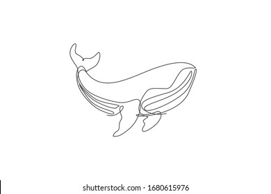 One continuous line drawing of big giant blue whale. Protected mammal animal species in ocean. Gigantic underwater creature concept. Dynamic single line draw design vector illustration graphic